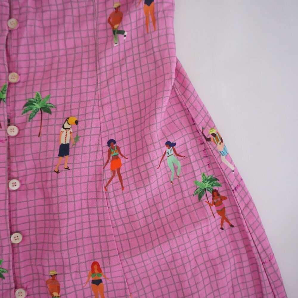 Farm Rio Pink Holiday Travel Print Button Front Resort Maxi Dress Illustrated P - Picture 9 of 16